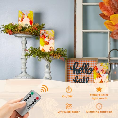 Image of Fall Flameless Candles, Maple Leaf Battery Operated with Remote, Glass Autumn LED Flickering Pillar Candles for Fall, Thanksgiving, Harvest, Halloween Decor, 3 Pack
