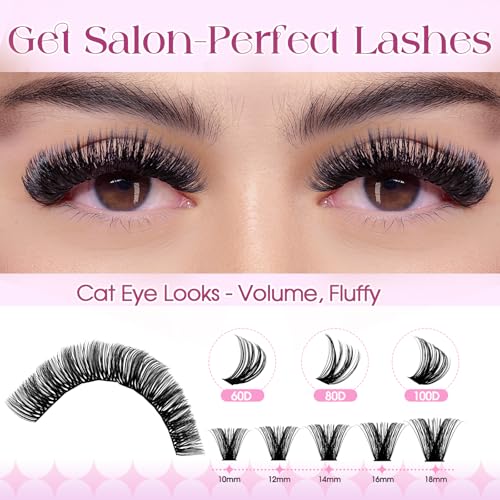 Zestaw rzęs 60D+80D+80D+100D Puszyste rzęsy do samodzielnego przedłużania rzęs z pojedynczymi rzęsami D Curl 10-18 mm, klej i uszczelniacz, pęseta i szczoteczka do brwi