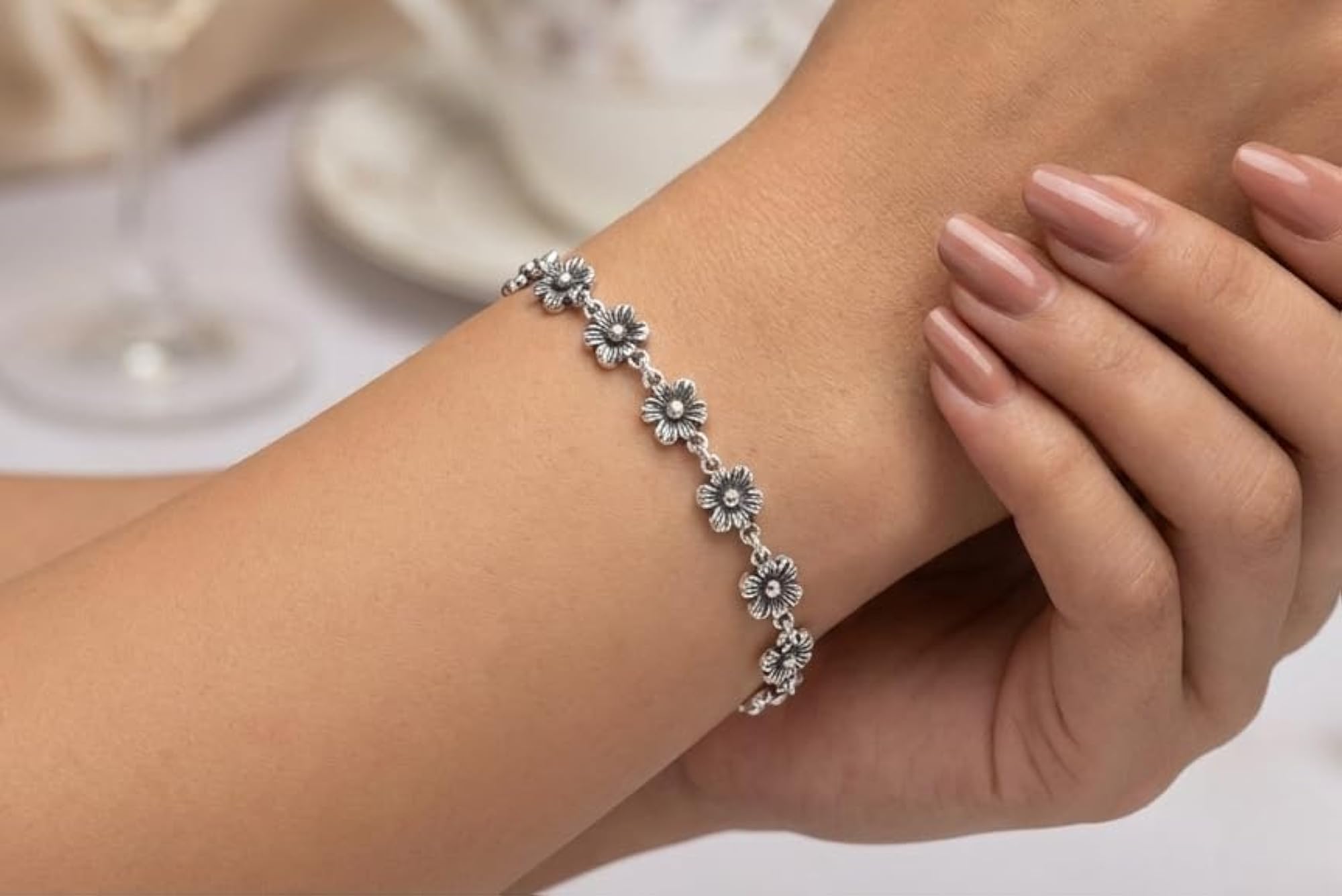 Antique Floral Toggle 925 Silver Bracelet, Elegant Gift