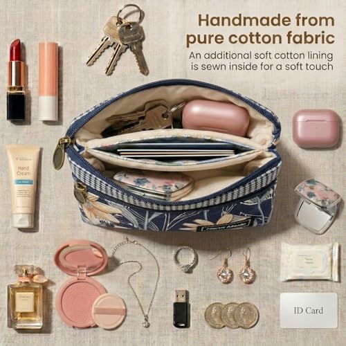 Image of Women Small Zipper Coin Purse, Handmade Fabric Flower Embroidered Change Pouch, Cotton Double Zipper Wallet