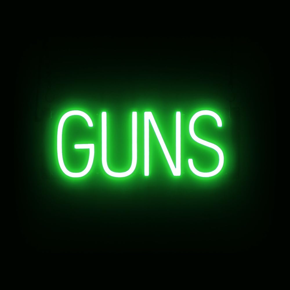 GUNS Sign | Pawn-Related Sign with Neon Look, Green LED Light Source | 17.2" x 6.3"