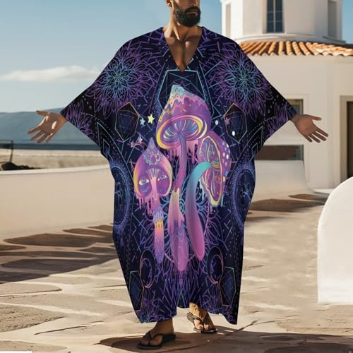 Magic Mushrooms Psychedelic Art Pattern Men's V-neck Robe Middle East Arabian Robe Butterfly Sleeves Kaftan2