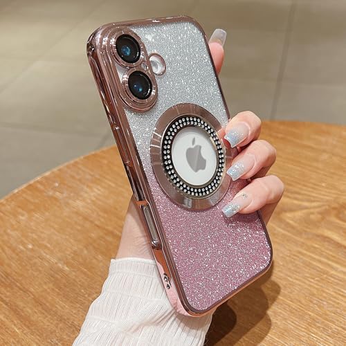 Image of Misscase for iPhone 16 Plus Magnetic Glitter Case Compatible with MagSafe,Full Protection Slim Shockproof Anti-Scratch Case with Camera Lens Protector Logo View Dust-Proof Net for Women Pink