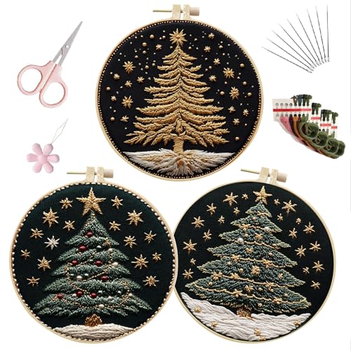 Image of EOBTAIN 3 Pcs Merry Christmas Embroidery Kit for Beginners,Green Gold Christmas Tree Embroidery Starter Kit Xmas Winter Snow Stamped Patterns with Hoop,Thread,Needles,Hand DIY Craft Kits for Adults