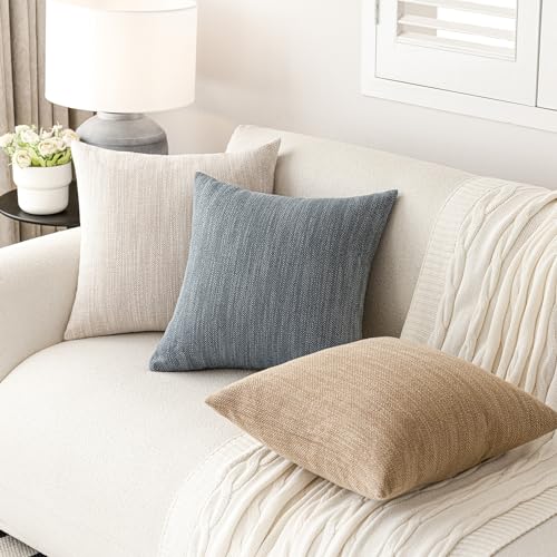 Image of Foindtower Set of 2 Decorative Textured Burlap Linen Throw Pillow Covers Farmhouse Boho Cushion Cover Solid Accent Pillowcase for Couch Sofa Bed Living Room Home Decor,18x18 Inch,Blue Gray