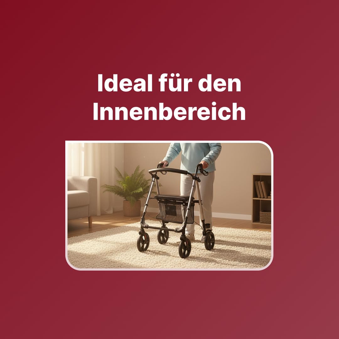 Nova Rollator – Leichter und stabiler Rollator für Senioren, faltbar und höhenverstellbar, mit Sitz, Rückenlehne, Tasche, Stockhalter, pannensicheren Rädern – nur 6,9kg – Gehhilfe - Rot