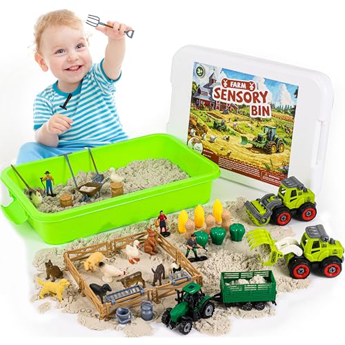 51 PCS Farm Sensory Bin Kids Sandbox with Lid, 2.2 LB Sensory Sand, 40 Toddler Farm Toys, 3 Take Apart Construction Trucks -Sensory Toys for Kids 5-7, 3-4 & Up- Kids Gifts for Boys and Girls