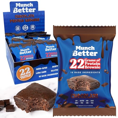 Munch Better Chocolate Protein Brownies – High Protein (25g), Dairy-Free, Gluten-Free, Low Sugar, Collagen-Infused, Clean Ingredients (8 Brownies per Box) | Chocolate Flavor – The Perfect On-the-Go Snack!