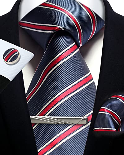 Image of Striped Plaid Polka Dot Mens Tie Formal Necktie Pocket Squares Ties Clips Cufflinks Classic for Men Set