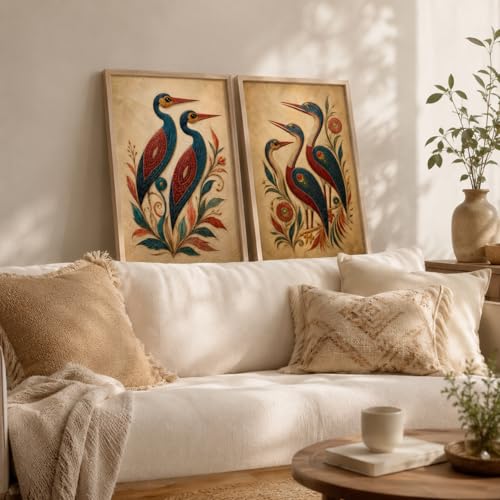 Image of Artify Set of 2 Ethnic Bird Floral Wall Paintings for Living Room Bedroom Hallway Decor with Premium Wooden Color Synthetic Frame