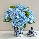 ZYTUYO 4 hortensias artificiales de tacto real azul claro de 53.3 cm de látex sintético realista para decoración del hogar, arreglo de Navidad
