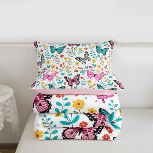Image of Erosebridal Colorful Butterflies King Size Comforter Set for Kids Teens Adults,Cartoon Floral Bedding Sets,Flying Butterfly Duvet Insert,Garden Flower Quilt Bedroom Decor