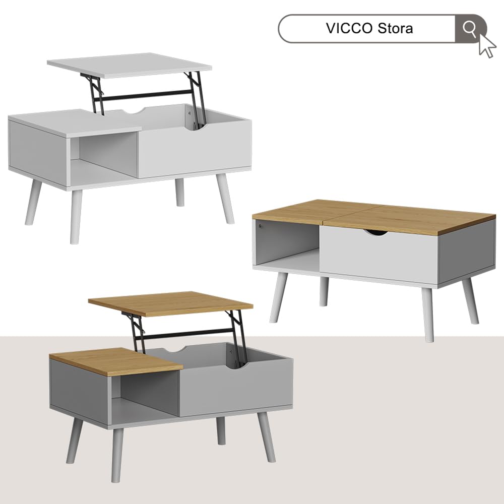 Vicco Couchtisch Stora, Weiß/Eiche, 76 x 45 cm | mit Liftfunktion, höhenverstellbarer Tischplatte und offenem Ablagefach