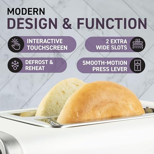 Image of Inspirex Touch Screen Toaster - 2 Extra Wide Slots - 5 Bread Types and 6 Browning Levels - Defrost, Reheat, Favorite, & Single Slot Modes - For Toast, Bagels, & Waffles - White