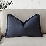 Foindtower Decorative Linen Fringe Lumbar Throw Pillow Covers Cozy Boho Farmhouse Cushion Cover with Tassel Soft Accent Pillowcase for Sofa Bed Living Room Home Decor, 12×20 Inch, 1PC, Navy Blue