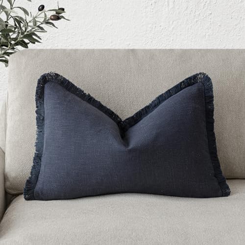 Image of Foindtower Decorative Linen Fringe Throw Pillow Covers Cozy Boho Farmhouse Cushion Cover with Tassels Soft Accent Pillowcase for Chair Sofa Bed Living Room Home Decor, 12x24 Inch, 1PC, Navy Blue