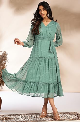 Image of Janasya Women's Dobby Chiffon Woven Design Tiered Dress