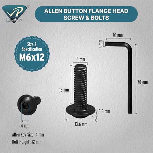 Image of Rely⇒VP INDUSTRIES (Pcs-25) M6x12 mm Button Flange Head Cap Screw High Tensile 10.9 Grad| Allen Head Button Flange Cap Screw with Allen Key 1 Pc | Allen Round Mushroom Head Screw Alloy Steel Black