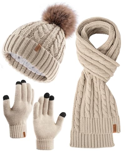FURTALK Womens Winter Hat Gloves Scarf Set Fleece Knit Pom Beanie Warm Neck Warmer Touchscreen Gloves 3 in 1 Gift Set