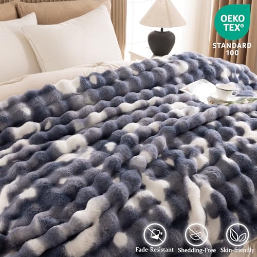 Cozy Faux Fur Throw Blanket for Bed Warm Fuzzy Throw Blanket, Soft Plush Thick Bubble Blankets for Bedroom and Living Room, Furry Luxury Blanket, 90 x 90,Tie-Dye Blue