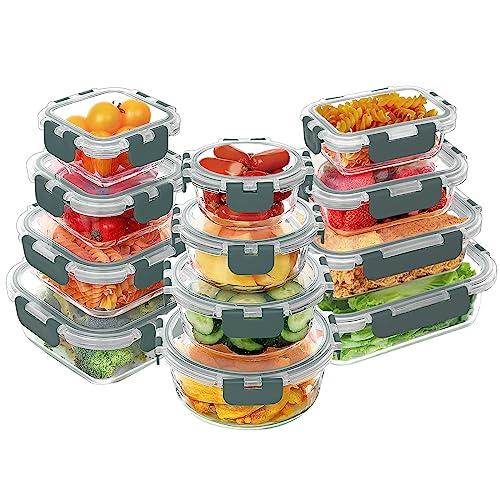 VERONES 24 Pieces Glass Food Storage Containers Set, Airtight Glass Lunch Containers, Glass Meal Prep Containers with Lids,BPA-Free, for Microwave, Oven, Freezer & Dishwasher Friendly,Grey