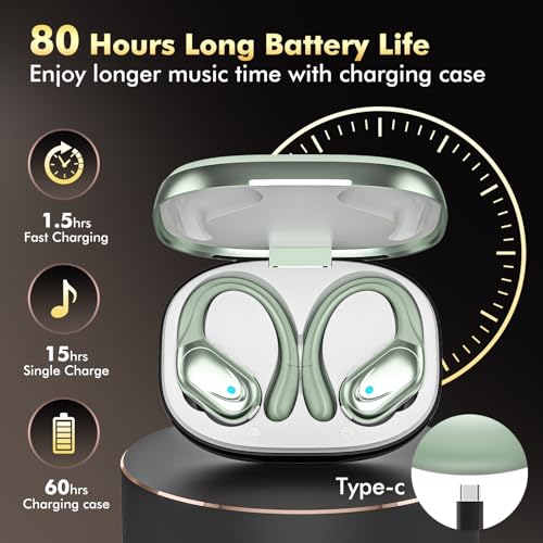 Image of HAOYUYAN Wireless Earbuds, Sports Bluetooth Headphones, 80Hrs Playtime Ear Buds with LED Power Display, Noise Canceling Headset, IPX7 Waterproof Earphones for Workout /Running（Light Green）