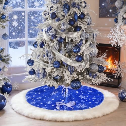 yuboo Royal Blue Christmas Tree Skirt Fluffy, 36 inch Blue White Furry Fur Small Tree Skirt Rug with White Snowflakes Christmas Decorations&Ornaments for Pencil Christmas Tree