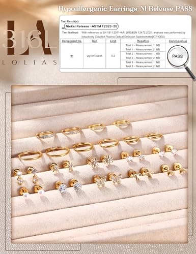 LOLIAS 14K Gold Plated Flat Back Earrings - Hypoallergenic Surgical Stainless Steel Stud Hoop Earrings for Women Girls Cute Stud Earring Set Small Huggie Hoops Cartilage Earring Stacks 5