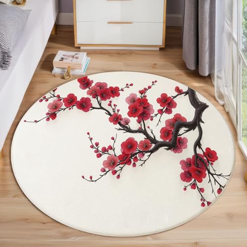 Tapis rond salon lavable rouge avec fleurs de prunier 120cm