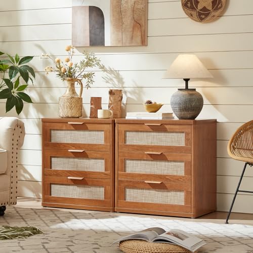 Image of LEYAOYAO Rattan Night Stand Set of 2 with Drawers, 23 inch Large 3 Drawer Boho Nightstand, Natural Wood Bedside Table Storage Cabinet, Bed Side End Tables Dresser for Bedroom, Living Room, Hallway, Closet