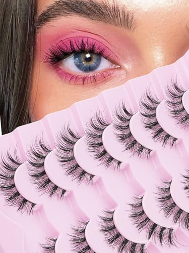 False Lashes Wispy Cat Eye Lashes Natural Look 16MM Foxy Eyelashes C Curl Lash Strips Fake Eyelashes with 0.03MM Thin Band Natural Eyelash Extensions 7 Pairs Siligli