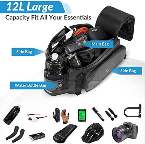 Eyein Bike Rear Rack Bag, 12L Waterproof Reflective Bicycle Trunk Bag, Cycling Rear Seat Carrier Bag Backseat Storage Luggage with Water Bottle Holder, Shoulder Strap for MTB Bike E-Bike