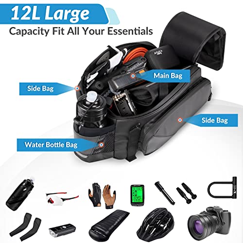Wotow Bike Rear Rack Bag, 12L Waterproof Reflective Bicycle Trunk Bag, Cycling Rear Seat Carrier Bag Backseat Storage Luggage With Water Bottle Holder, Shoulder Strap For Mtb Bike E-Bike #TOP1