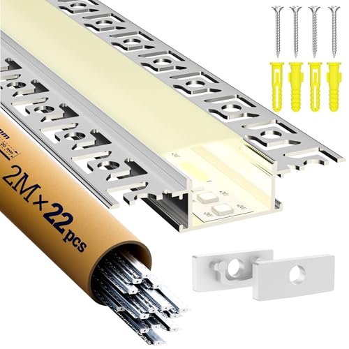 Lot de 22 Profilés LED 2 m Encastrables pour Placo – Profilés Aluminium pour Ruban, Rail LED Intégré avec Diffuseur Laiteux – Canal pour Cloison Sèche, Mur et Plafond