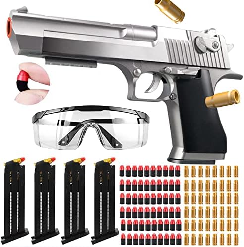Toy Gun Soft Bullet, with 60 PCS EVA Foam Soft Bullets, 4 Magazines and Goggles, Cool Toys Pistol Shell Ejecting Shooting Games Educational Model Toy Guns Gifts for Kids Boys Girls(Silver)