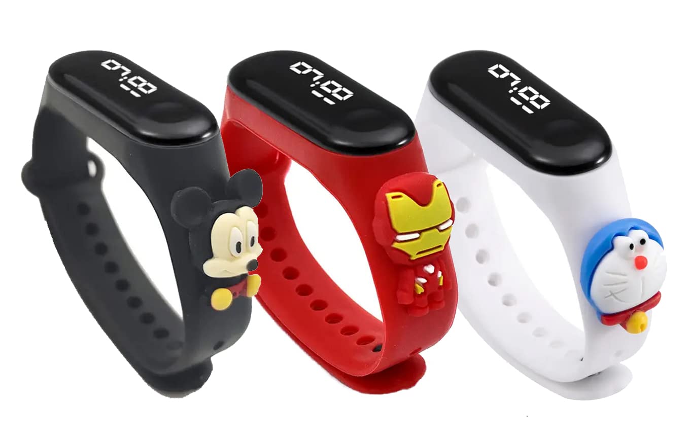 Style Keepers Pack of 3 Cartoon Character Touch Button Digital Silicone Slim Wrist LED Black Color Dial 3 Fashion Bracelet Band Watch Combo for Boys and Girls Kids Children - 3