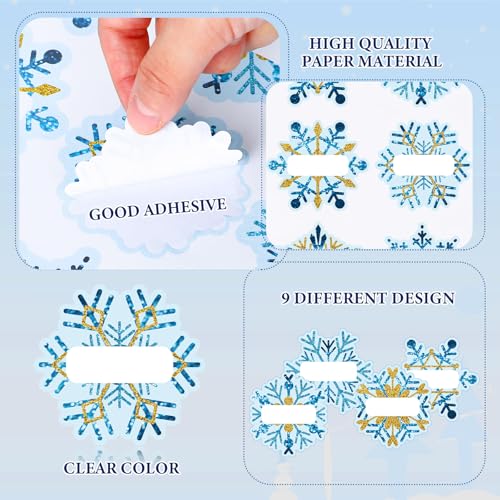 Image of Whaline 90Pcs Christmas Winter Name Tag Stickers Blue Gold Snowflake Shape Nameplates Xmas Self-Adhesive Gift Label Decals for Holiday Present Students Desk Classroom, 9 Designs