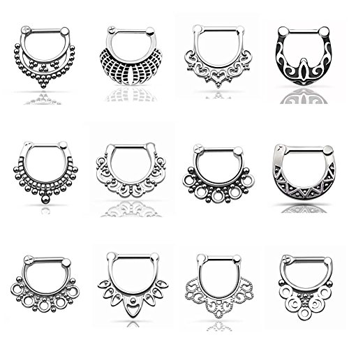 D&M Jewelry 9pcs or 12pcs Stainless Steel Nose Ring 14g 16g Septum Clicker Bull Ring Nose Piercing (12PCS: 14g(1.6mm))