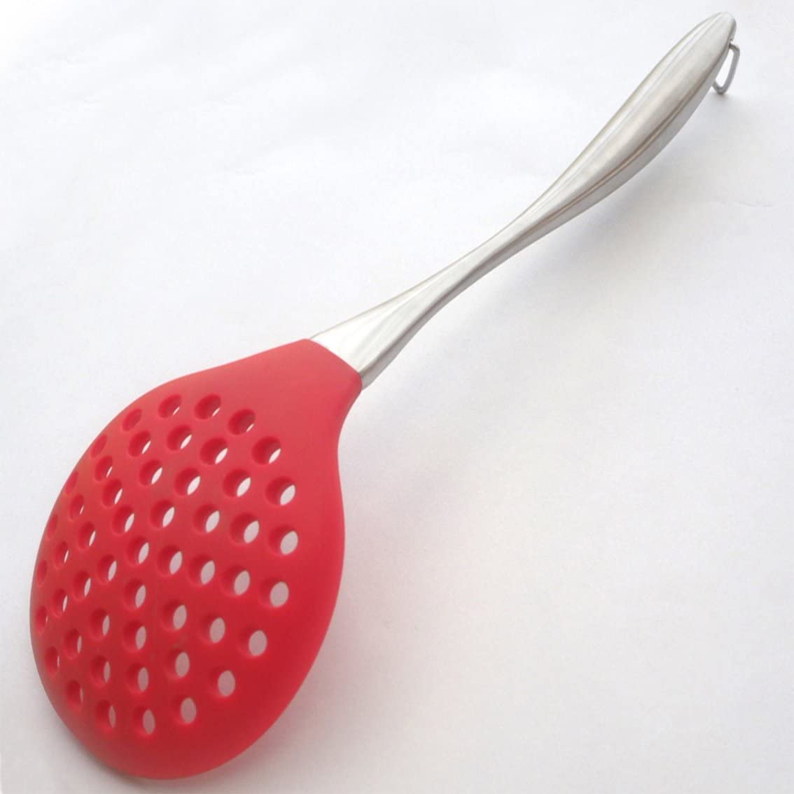 Baskety Premium Silicone Kitchen Utensil Silicone Slotted Skimmer Strainer Spoon with 18/0 Stainless Steel Stay Cool Handle (Red)