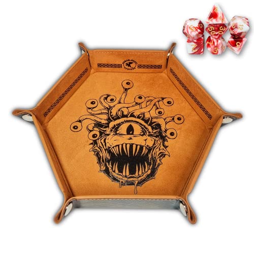 Power Beast Dungeon Tablero y Bandeja Rol Beholder + Juego de 7 Dados, D&D, Tapete para Dados, Dungeons and Dragons, Dragones y Mazmorras, DND, Poliedricos, Dungeon Master