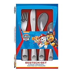 p:os 29991049 Set van 4 roestvrijstalen bestek met Paw Patrol Motief – Vaatwasmachinebestendig – Mes, vork