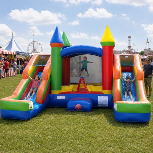 Crossover Rainbow Double Water Slide Bounce House Combo, 16.5 x 15 x 11 Foot, PVC Vinyl Inflatable Bouncy House for Kids, Wet or Dry Slides, with Stakes and Storage Bag, Blower not Included
