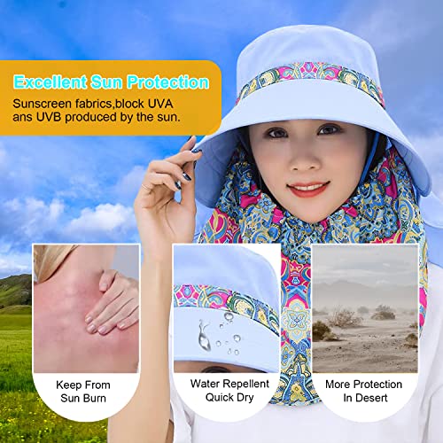 Image of Women Wide Brim Face Mask Sun Hat Detachable Neck Face Flap Ponytail UV Protection Visor Hat Garden Fishing Hiking