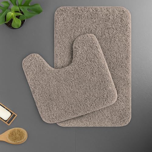 Image of LUXE HOME INTERNATIONAL Polyester Contour Bath Mat - Washable, Anti Skid, Water Absorbent Contour Mats for Bathroom, Toilet, Wash Basin & Bathroom Contour Mat Set (Taupe, 45x 75 cm & 40x45)