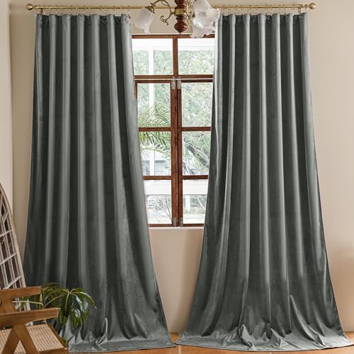 YOFUN Grey 90 inches Velvet Curtains, Light Blocking Soft Curtains for Kids/Nursery Light Blue Luxury Cozy Backdrops for Study Room/Office/Bedroom, Pleat Tab & Rod Pocket, W52 x L90, 2Pcs