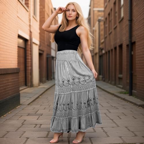 Agan Traders Women's 2025 Summer Peasant High Elastic Waistband Flared Gypsy Long Embroidered Maxi Skirt3