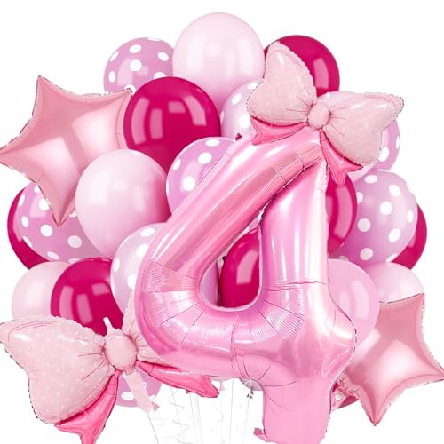 40 Inch 4 Balloon Birthday Decorations for Girls, 20PCS Pink Number 4 Balloon Party Decorations Set, Bow Star Balloons with Number 4 Balloons for Baby Girl Daughter First Birthday Party Decorate