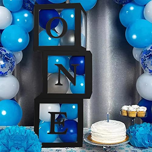 Image of Sooyee First Birthday Decorations for Girl or Boy,3 Pcs ONE Balloon Boxes For 1st Birthday Girl Decoration,Baby Cube Blocks Party Decor With ONE Letters,Black