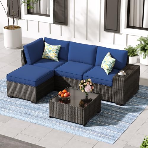 Jing’s Villa 5-Piece Patio Furniture Set, All-Weather Outdoor Wicker Sectional Sofa with Cushions, Tempered Glass Table & Ottoman,Rattan Conversation Seating for Porch, Garden, Backyard,Navy