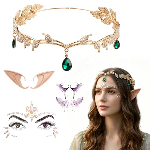 UBERMing Deguisement Elfe Femme Accessoires, Elfe Couronne avec Une Paire D'oreilles D'elfe 1 Strass Autocollant Visage et Tatouage Ephemere Ailes pour Mariage...